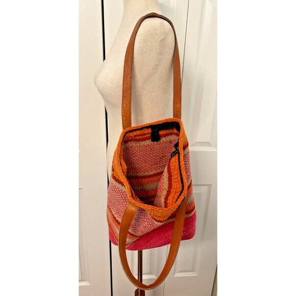 JENNY KRAUSS Wool Knit Shoulder TOTE Beach Book Bag BOHO Pink Orange Red Striped - Picture 4 of 7